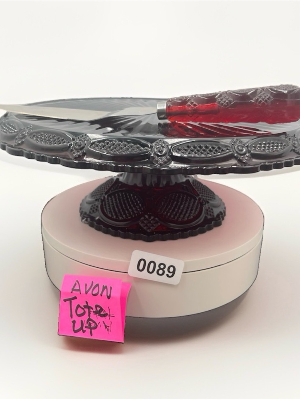 Avon Deep Ruby Red Glass Cake Stand with Matching Knife